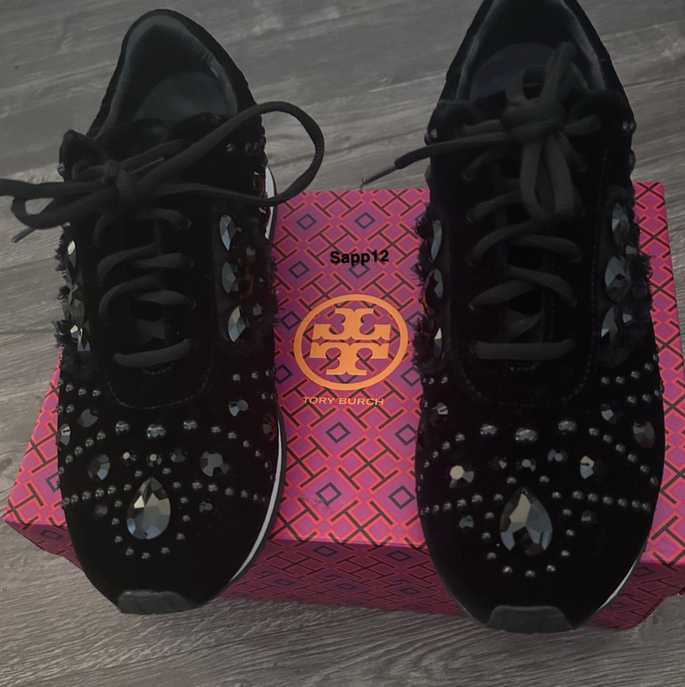 TORY BURCH * SCARLETT RUNNER VELVET   EMBELLISHED BLACK SNEAKERS - Picture 10 of 10